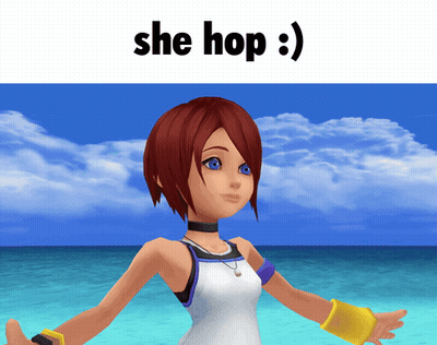 Cartoon Girl With Red Hair Blue Eyes Standing On Beach Saying She Hop GIF