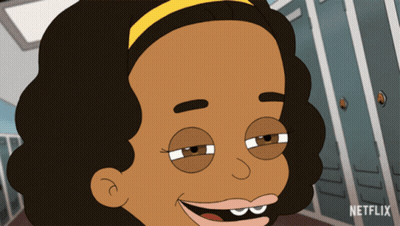 Cartoon Girl With Yellow Headband Smiling In Front Of Netflix Logo GIF