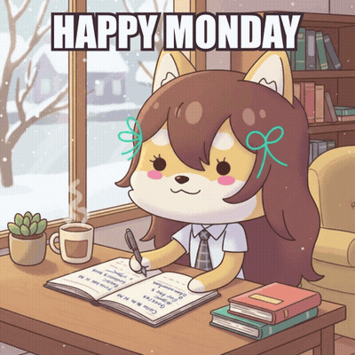 Cartoon Girl Writing Happy Monday In Notebook GIF