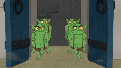 Cartoon Goblins Standing In Doorway GIF