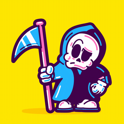 Cartoon Grim Reaper In Blue Hood Holding Scythe GIF