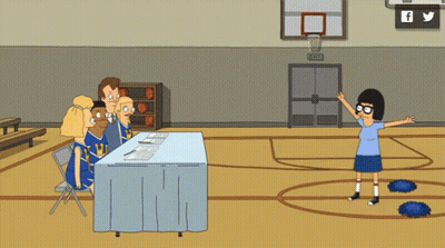 Cartoon Group Sitting At Gym Table With Facebook Logo GIF