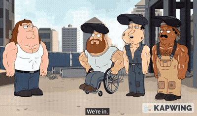 Cartoon Group Standing With Caption We're In GIF