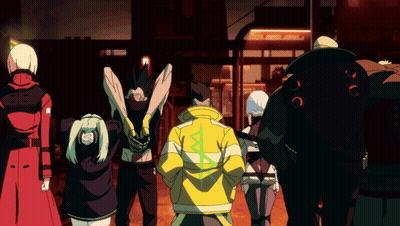 Cartoon Group With Yellow Jacket And Green Triangle GIF