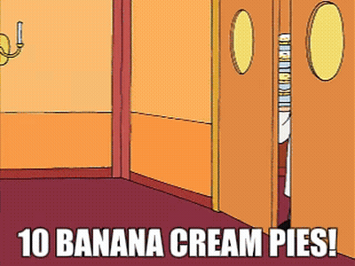 Cartoon Hallway With 10 Banana Cream Pies GIF
