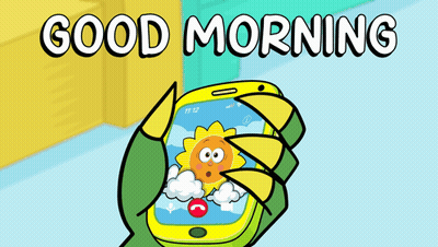 Cartoon Hand Holding Cell Phone Saying Good Morning GIF