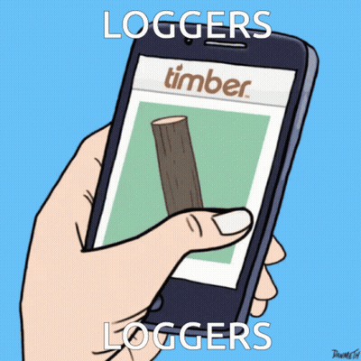 Cartoon Hand Holding Cell Phone Saying Loggers GIF