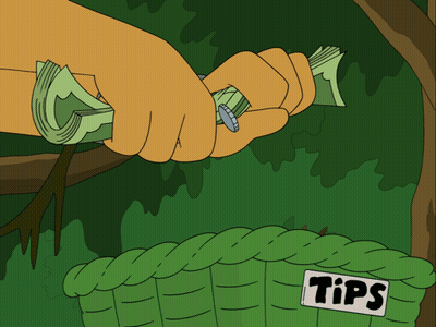 Cartoon Hand Holding Money Next To Tips Basket GIF