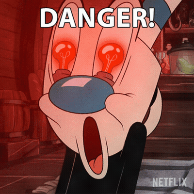 Cartoon Hand With Light Bulbs In Eyes Saying Danger GIF