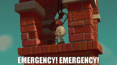 Cartoon Hanging From Brick Chimney Saying Emergency GIF