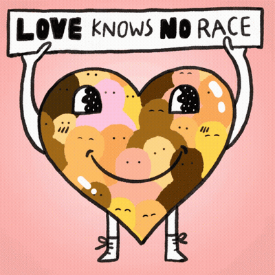 Cartoon Heart Holding Sign Saying Love Knows No Race GIF