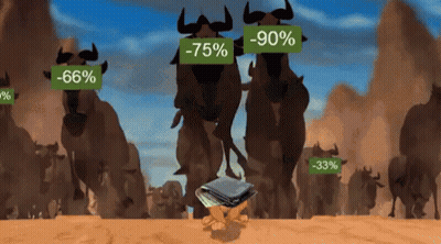 Cartoon Herd Of Wildebeest With Labels -75% -90% -65% -33% GIF