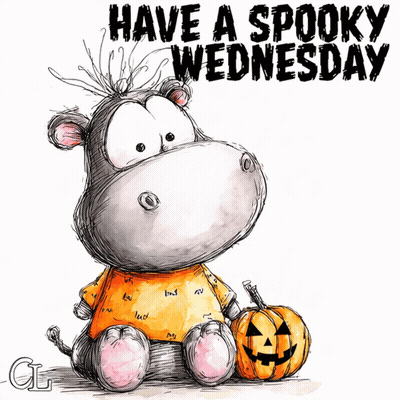 Cartoon Hippo Sitting Next To Pumpkin Saying Have A Spooky Wednesday GIF