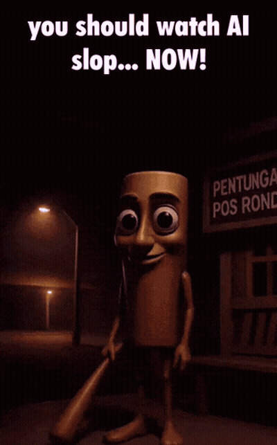 Cartoon Holding Bat And Sign 'Watch Al Slop GIF