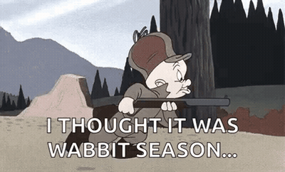 Cartoon Holding Gun Saying I Thought It Was Wabbit Season GIF