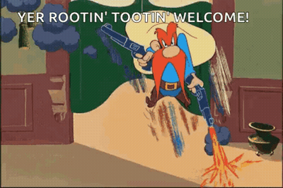 Cartoon Holding Gun Saying Yer Rootin Tootin Welcome GIF