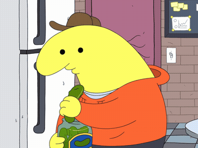 Cartoon Holding Jar Of Pickles In Front Of Refrigerator GIF