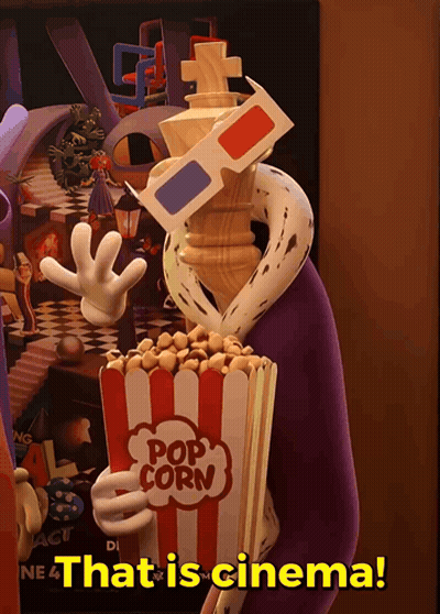 Cartoon Holding Popcorn Bucket In 3D Glasses Saying That Is Cinema GIF