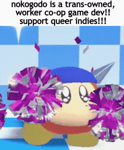 Cartoon Holding Purple Pom Poms Says Nokogode Is A Trans-Owned Worker Co-Op GIF