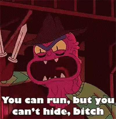 Cartoon Holding Sword Says You Can Run But You Can't Hide Bitch GIF