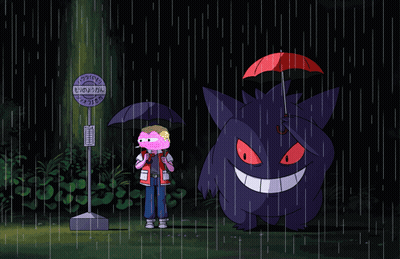 Cartoon Holding Umbrella Next To Purple Monster With Tokyo Sign GIF