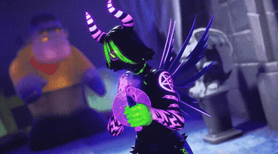 Cartoon Horned Character Holding Glowing Object GIF
