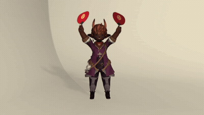 Cartoon Horned Character Holding Red Hats GIF