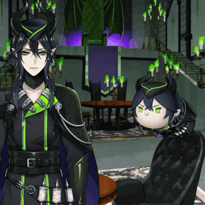Cartoon Horned Character Next To Green-Eyed Character GIF