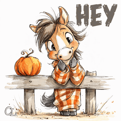 Cartoon Horse Leaning On Fence Next To Pumpkin Saying Hey GIF