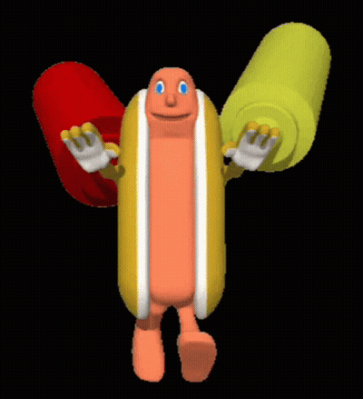 Cartoon Hot Dog Holding Red And Green Pepper GIF
