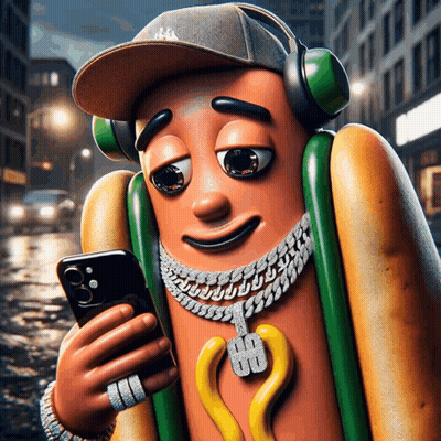 Cartoon Hot Dog With Hat And Headphones Looking At Phone GIF