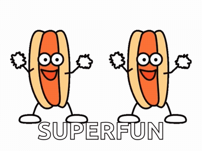 Cartoon Hot Dogs With Arms And Legs Saying Superfun GIF