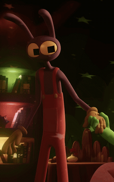 Cartoon In Red Overalls Holding Green Stuffed Animal GIF