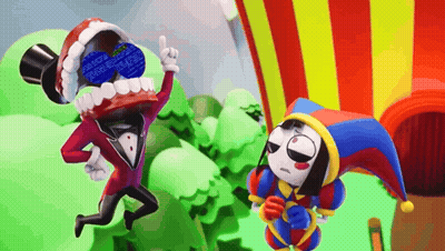 Cartoon In Top Hat And Sunglasses Next To Jester Hat Character GIF