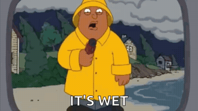 Cartoon In Yellow Raincoat Holding Microphone Saying It's Wet GIF