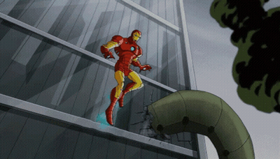 Cartoon Iron Man Standing On Building Ledge GIF