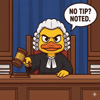 Cartoon Judge With Gavel Saying No Tip Sentenced GIF