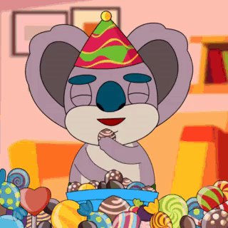Cartoon Koala Eating Candy With Party Hat GIF