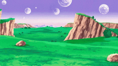Cartoon Landscape With Mountains Grass And Bubbles GIF