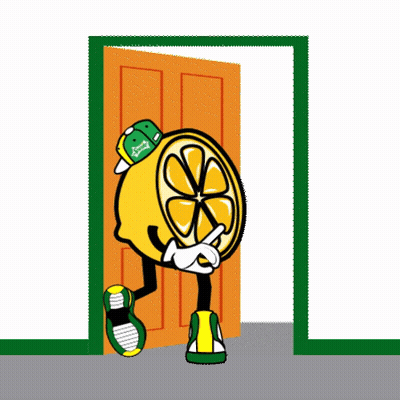 Cartoon Lemon With Arms Standing In Front Of Door GIF