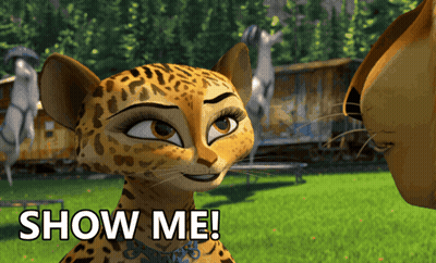 Cartoon Leopard Looking At Another Leopard Saying Show Me GIF