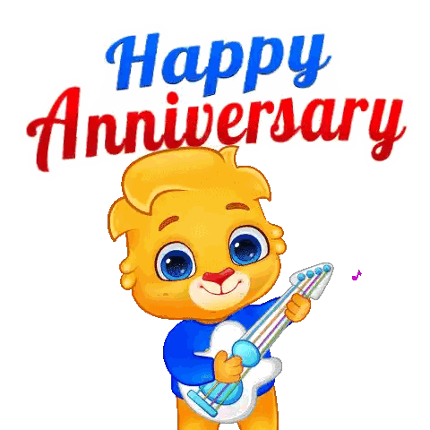 Cartoon Lion Holding Guitar Happy Anniversary Sticker