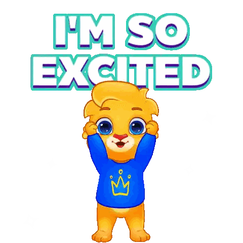 Cartoon Lion In Blue Shirt Saying I'm So Excited Sticker