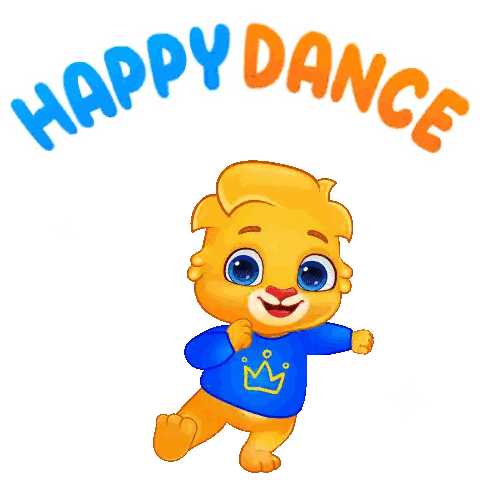 Cartoon Lion In Blue Shirt With Yellow Crown Says Happy Dance Sticker
