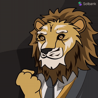 Cartoon Lion In Suit And Tie With Solbank Logo GIF