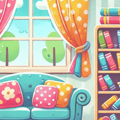 Cartoon Living Room Couch And Bookshelf Full Of Books GIF