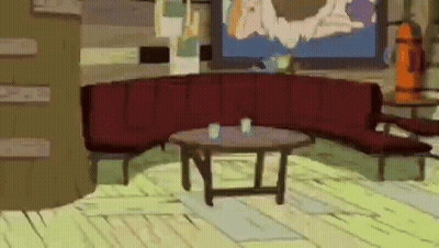 Cartoon Living Room With Red Couch and Coffee Table