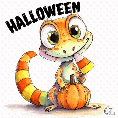 Cartoon Lizard Holding Pumpkin And Candy Corn Cone Saying Halloween GIF