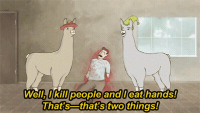 Cartoon Llama Says Well I Kill People And I Eat Hands GIF