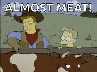 Cartoon Man And Cow Saying Almost Meat GIF
